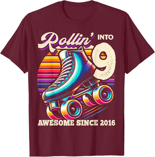 Birthday Roller Skating 9th Girls Rollin into 9 Skate Party T-Shirt - T-Shirt | Maroon