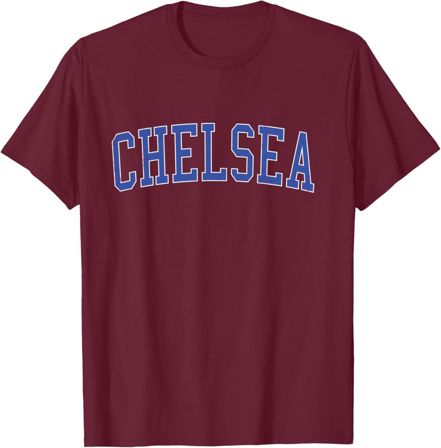 Vintage Chelsea MA Distressed Blue Varsity Style T-Shirt - T-Shirt | Maroon
