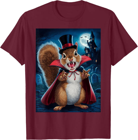 Vampire Squirrel Cartoon In Graveyard For Halloween T-Shirt - T-Shirt | Maroon