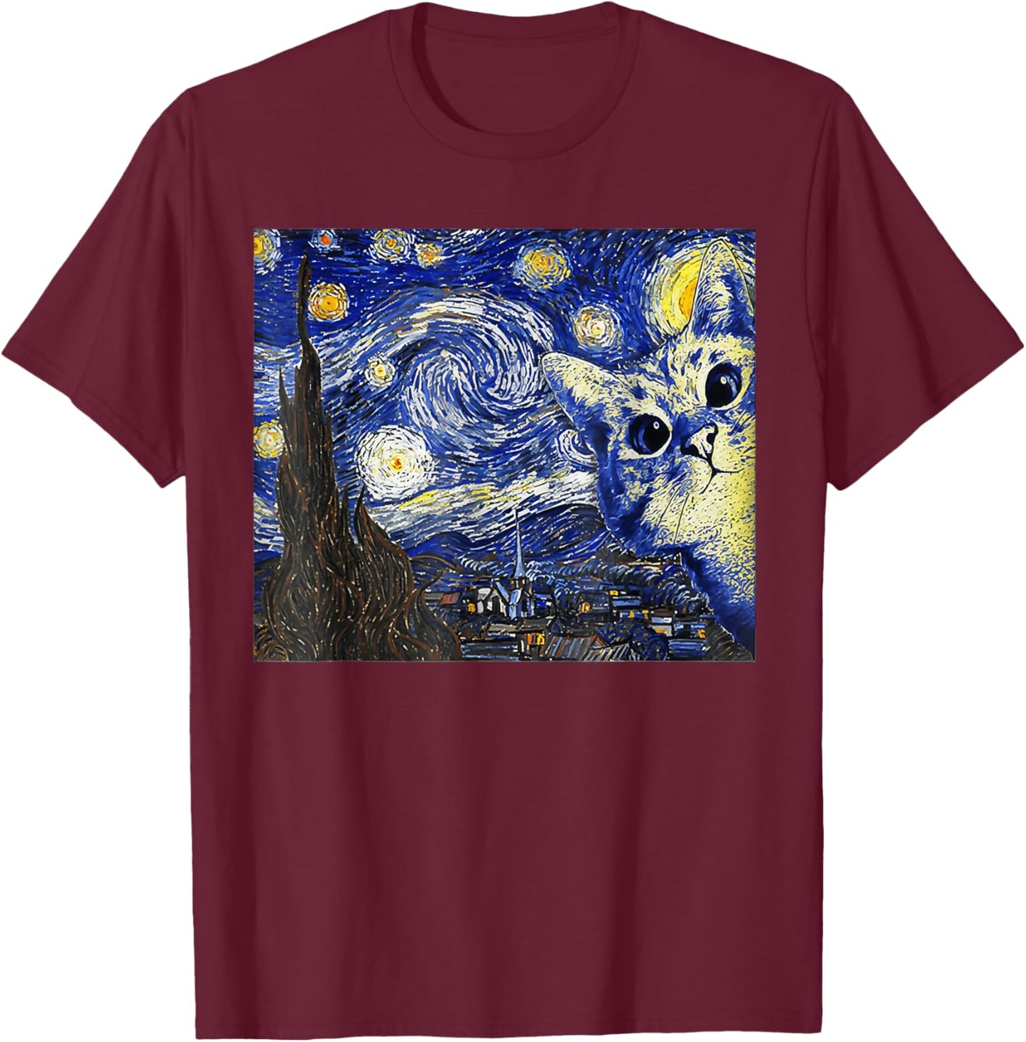 Cat , Starry Night Cat, Cat Shirt, Van Gogh Cat T-Shirt - T-Shirt | Maroon