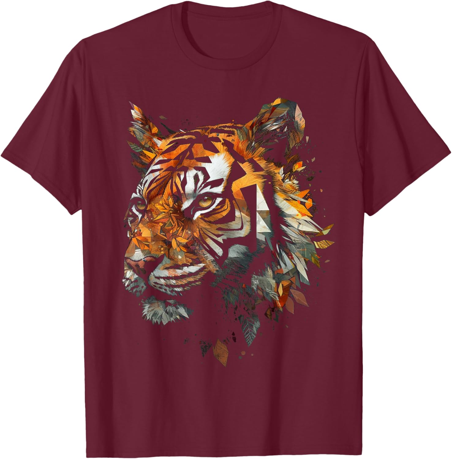 Tiger Artwork Autumn Leaves - Zoo Animal Tiger T-Shirt - T-Shirt | Maroon