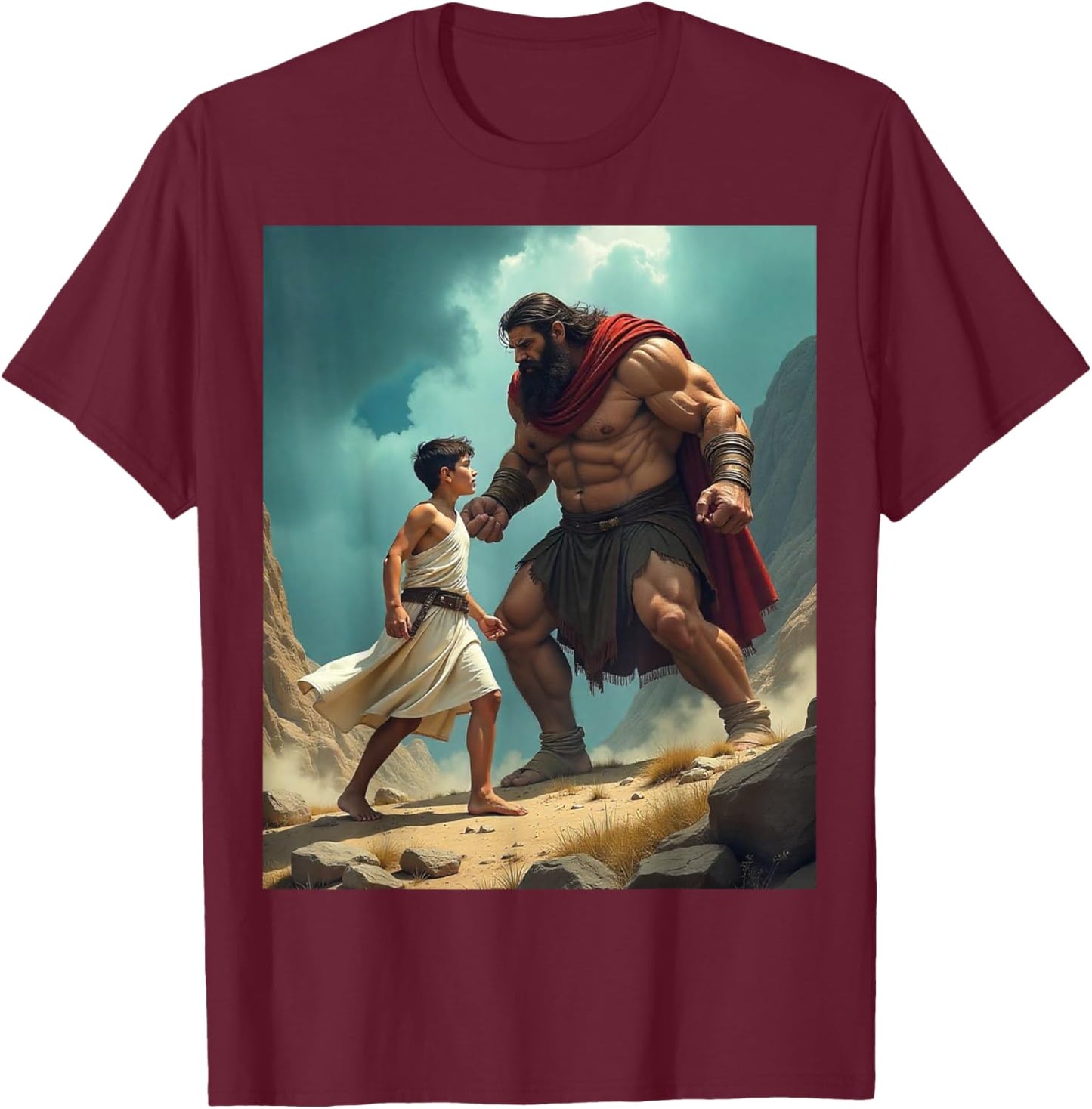 David and Goliath Bible Book of Samuel King David Painting T-Shirt - T-Shirt | Maroon