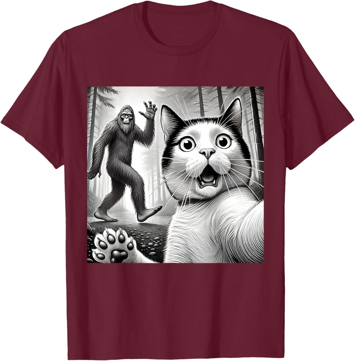 Funny Surprised Scared Cat Taking Selfie with Bigfoot Women Kids T-Shirt - T-Shirt | Maroon