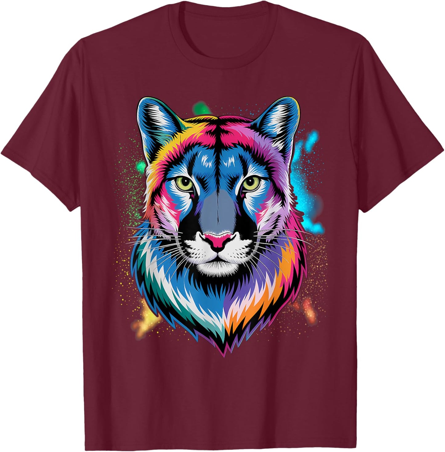 Puma Cougar Head Colorful Art Animals Watercolor Painting T-Shirt - T-Shirt | Maroon