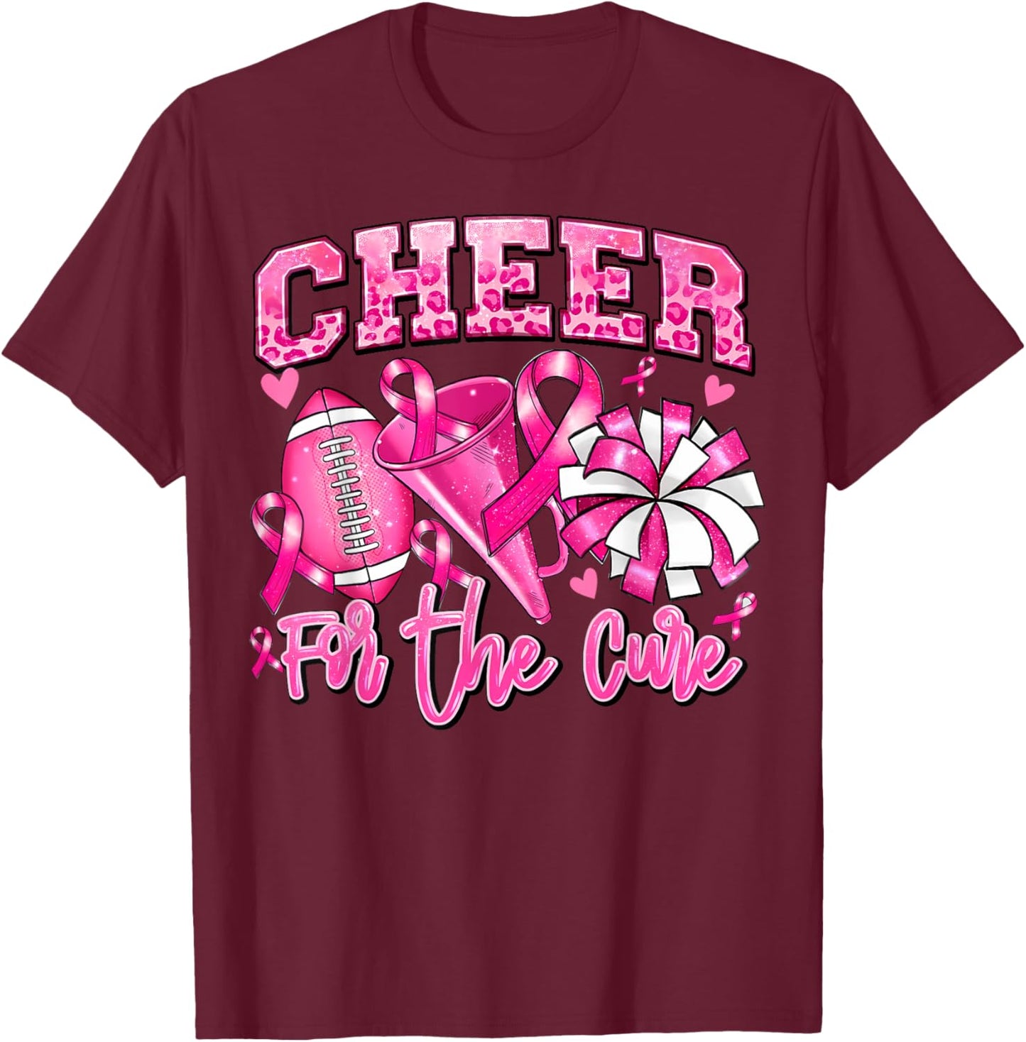 Football Cheer For The Cure Pink Ribbon Breast Cancer T-Shirt - T-Shirt | Maroon