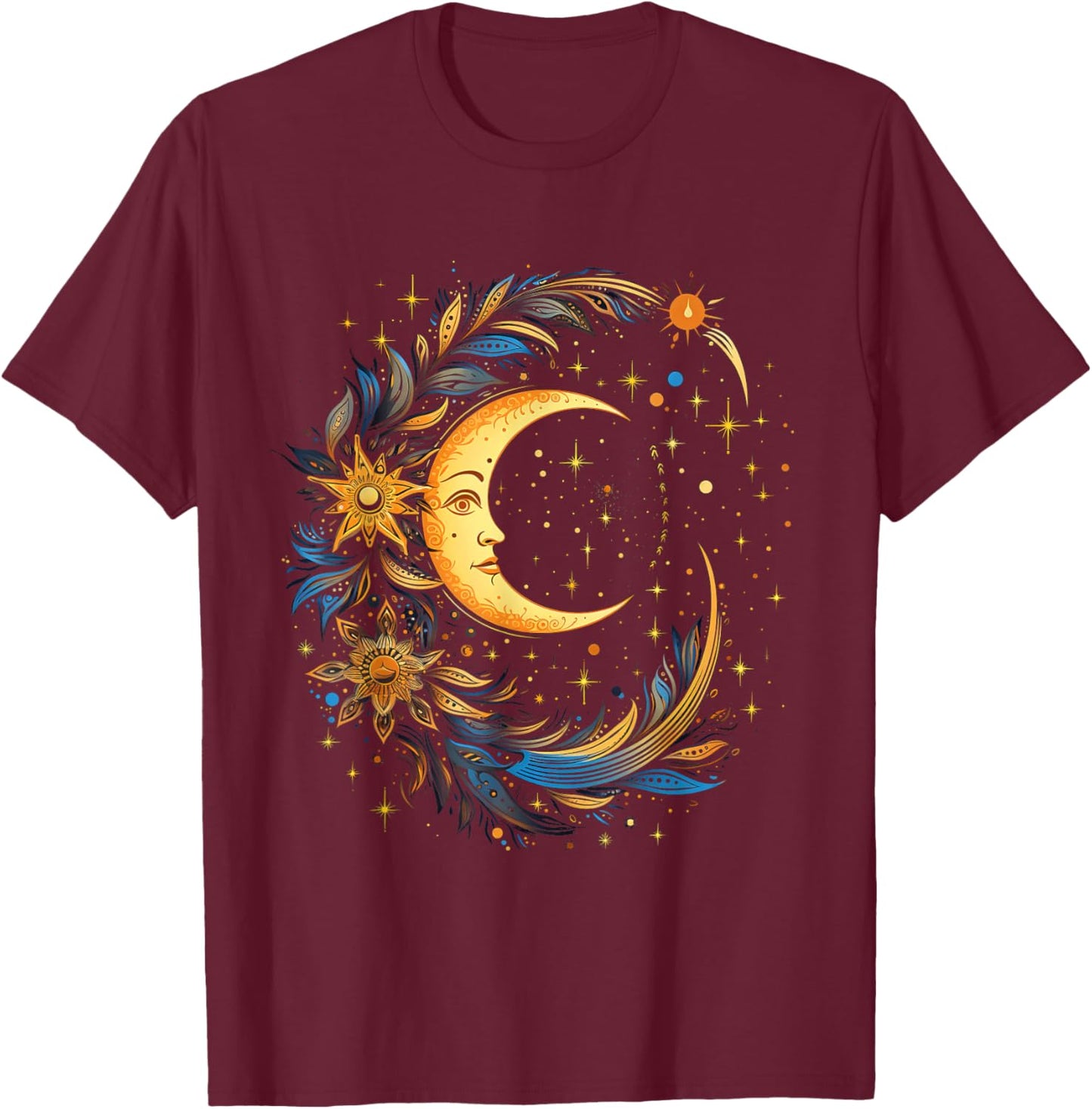 Mystic Sun and Moon Woman Mystical Flowers Aesthetic T-Shirt - T-Shirt | Maroon