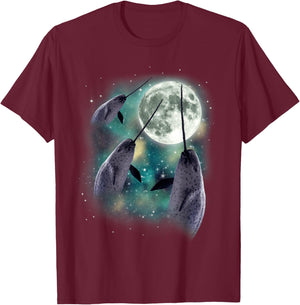 Three Narwhal Moon Arctic Sea 3 Whales Howling Parody T-Shirt - T-Shirt | Maroon