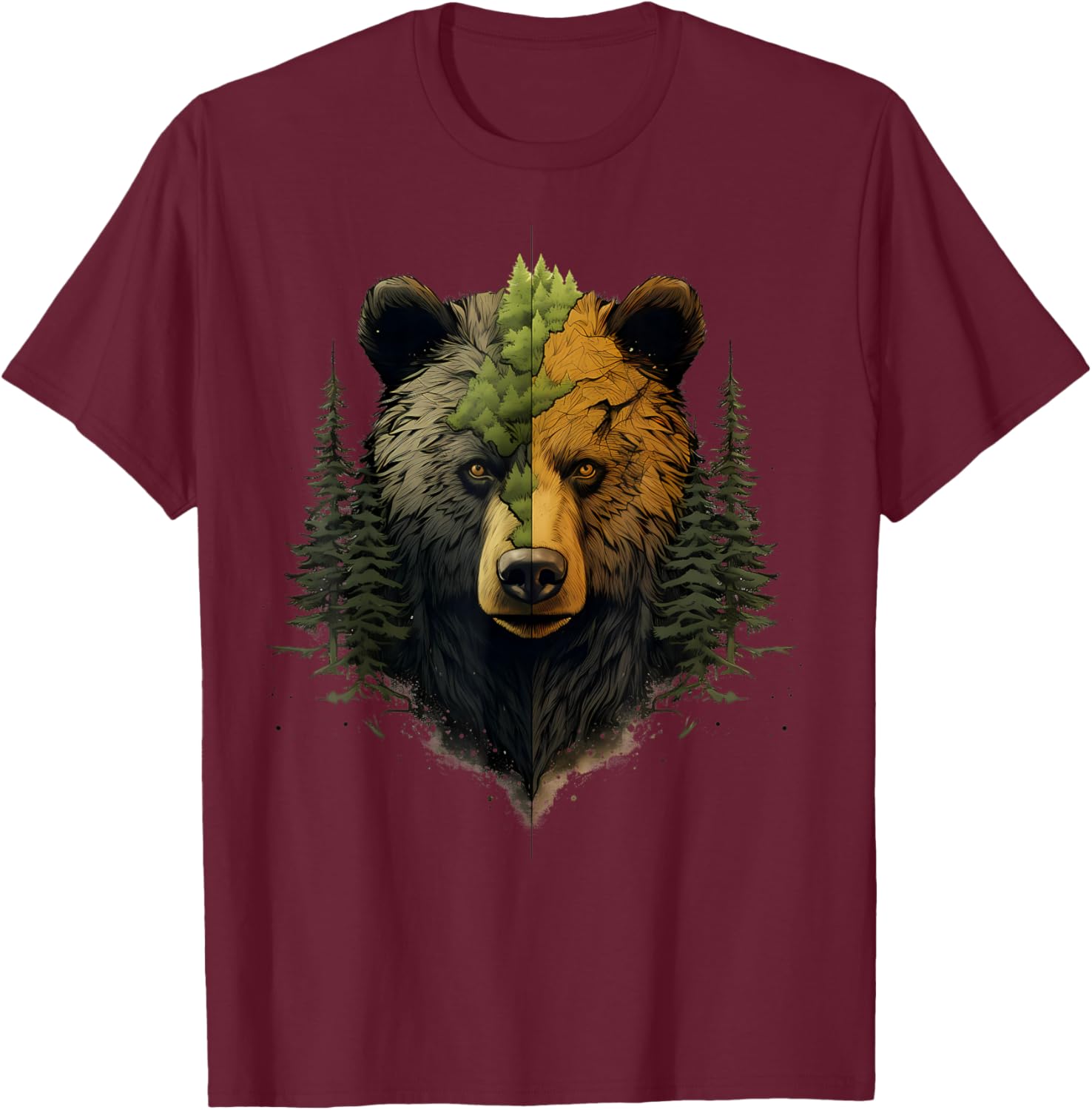 Bear Animal Art Wildlife Forest Portrait Forest Artwork T-Shirt - T-Shirt | Maroon