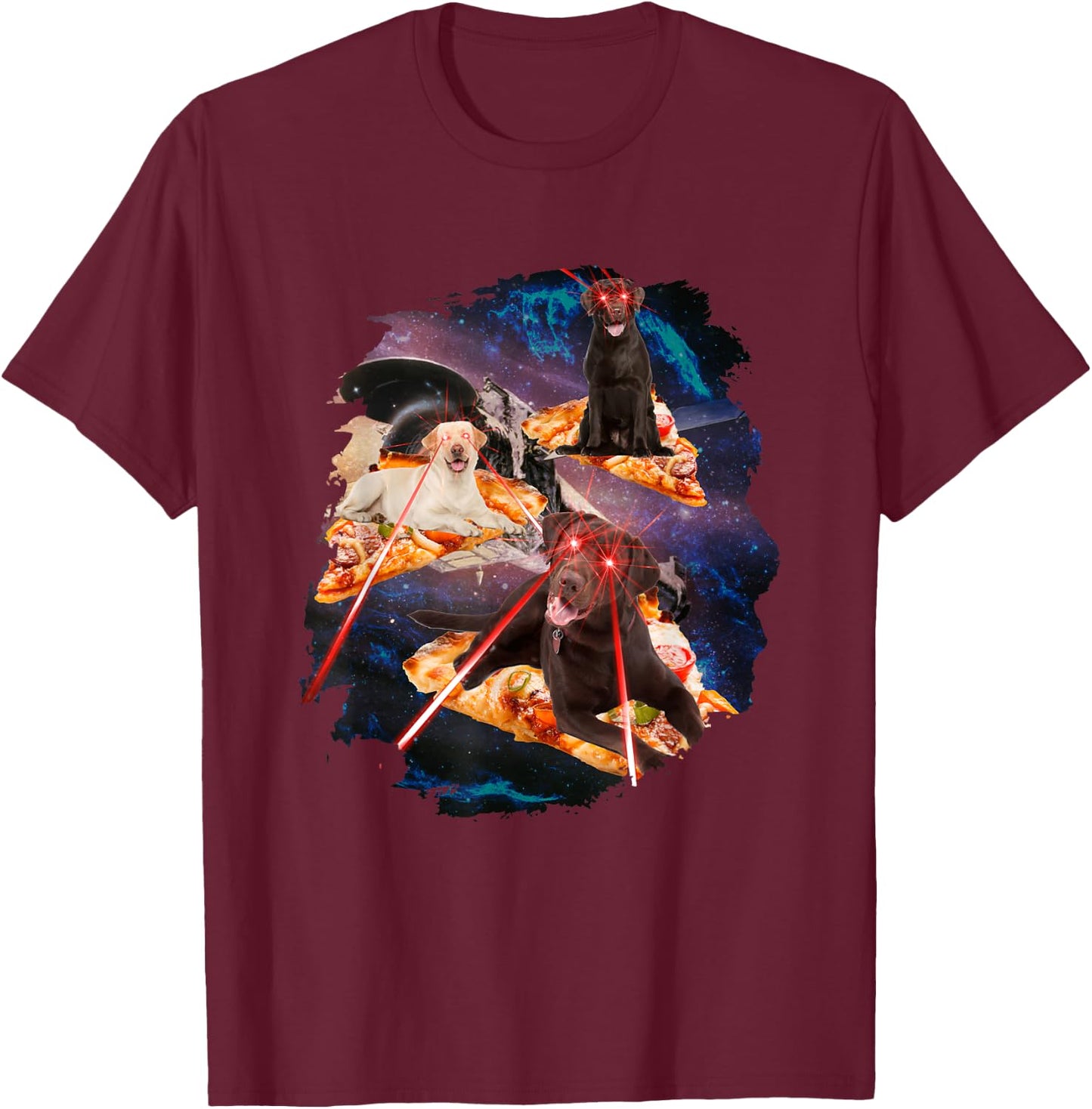Dogs with Laser Eyes I Dog Puppy Laser Space Pizza T-Shirt - T-Shirt | Maroon