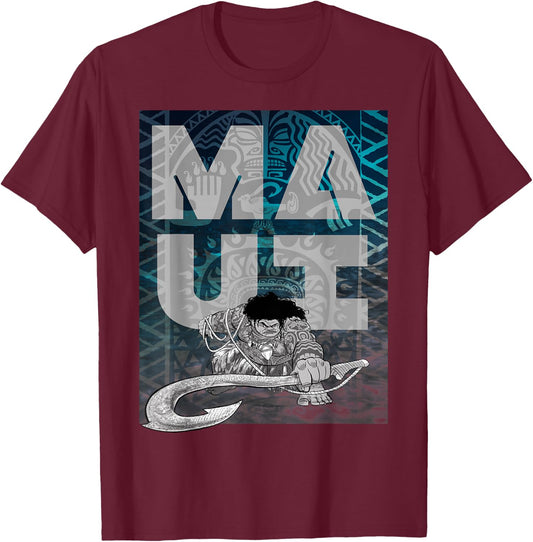 Disney Moana Maui Tattoo Style Letter Stack Portrait T-Shirt - T-Shirt | Maroon