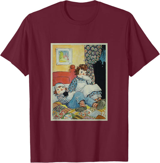 Children's Rag Doll Story Raggedy Ann & Andy on a Bed (1924) , Small, Black T-Shirt - T-Shirt | Maroon