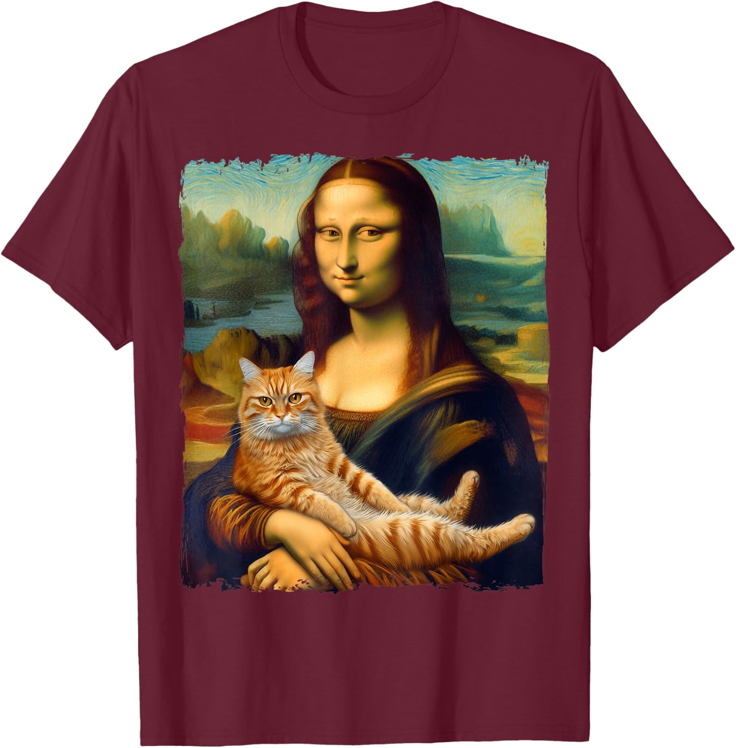 Mona Lisa Holding Cat Portrait Art Painting Kitty Cat Mom Men Women Kids T-Shirt - T-Shirt | Maroon