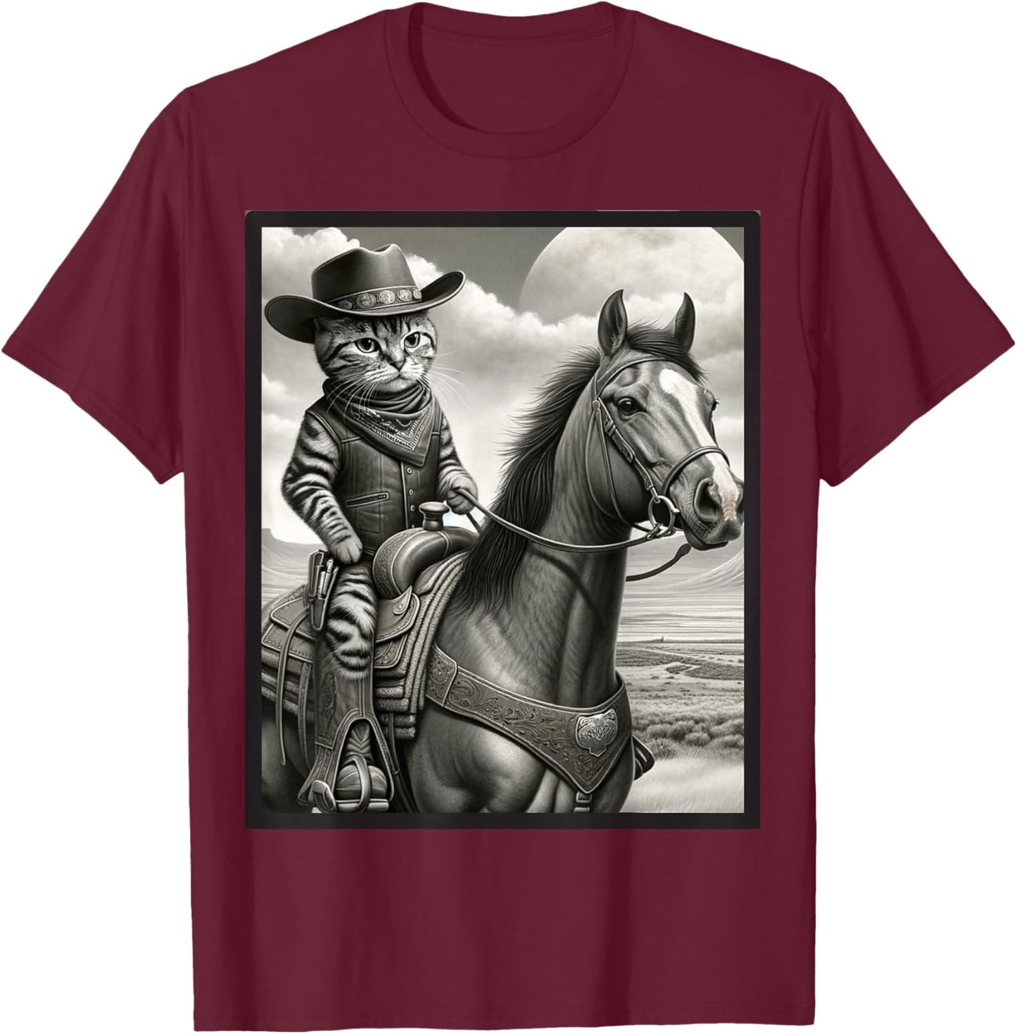Cat Cowboy Funny Cats Kitten Riding Horse Cowboy Hat T-Shirt - T-Shirt | Maroon