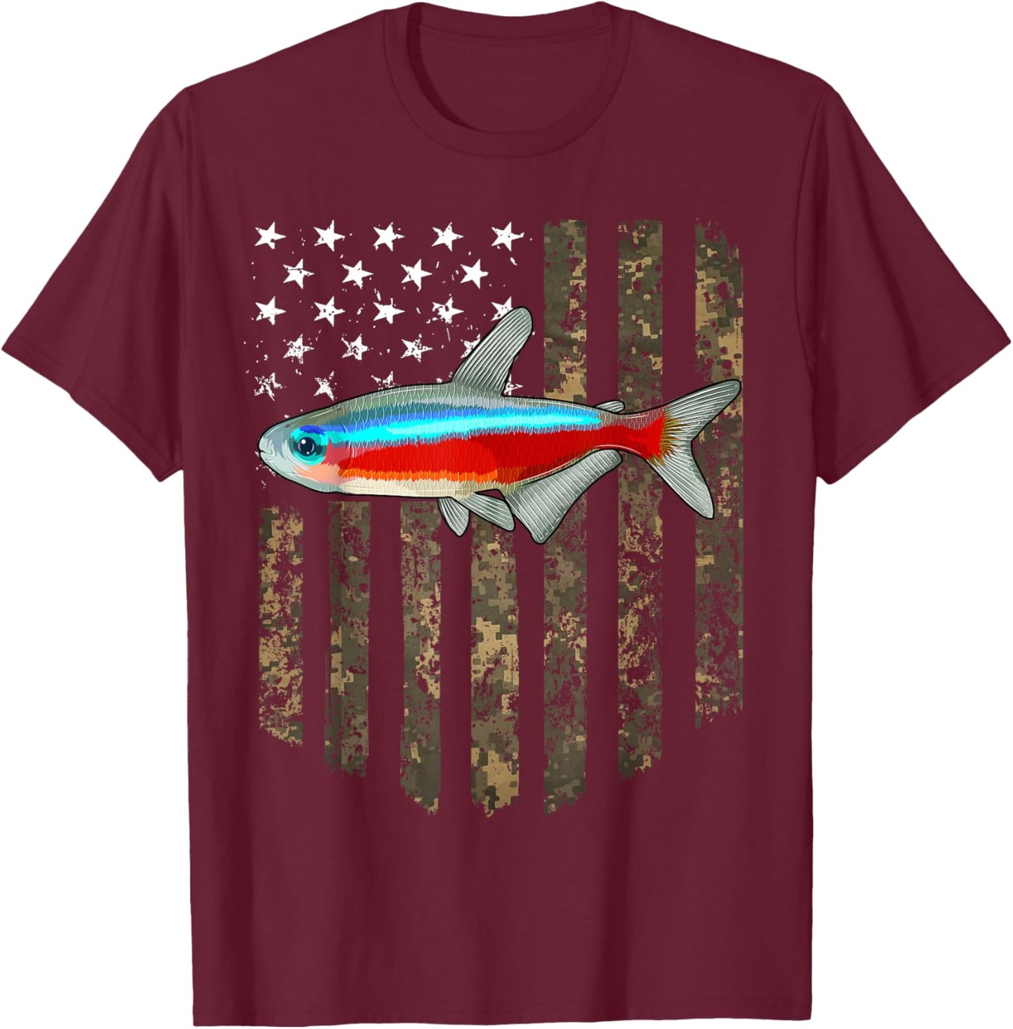 Camo American Flag Neon Tetra 4th Of July Aquarium Fish Men T-Shirt - T-Shirt | Maroon