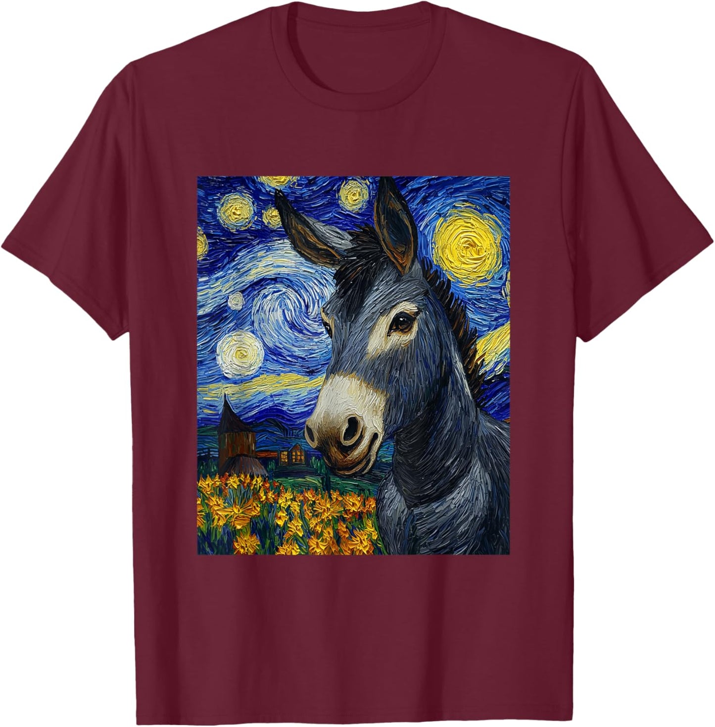 Funny Donkey - Van Gogh Style - Starry Night Graphic T-Shirt - T-Shirt | Maroon