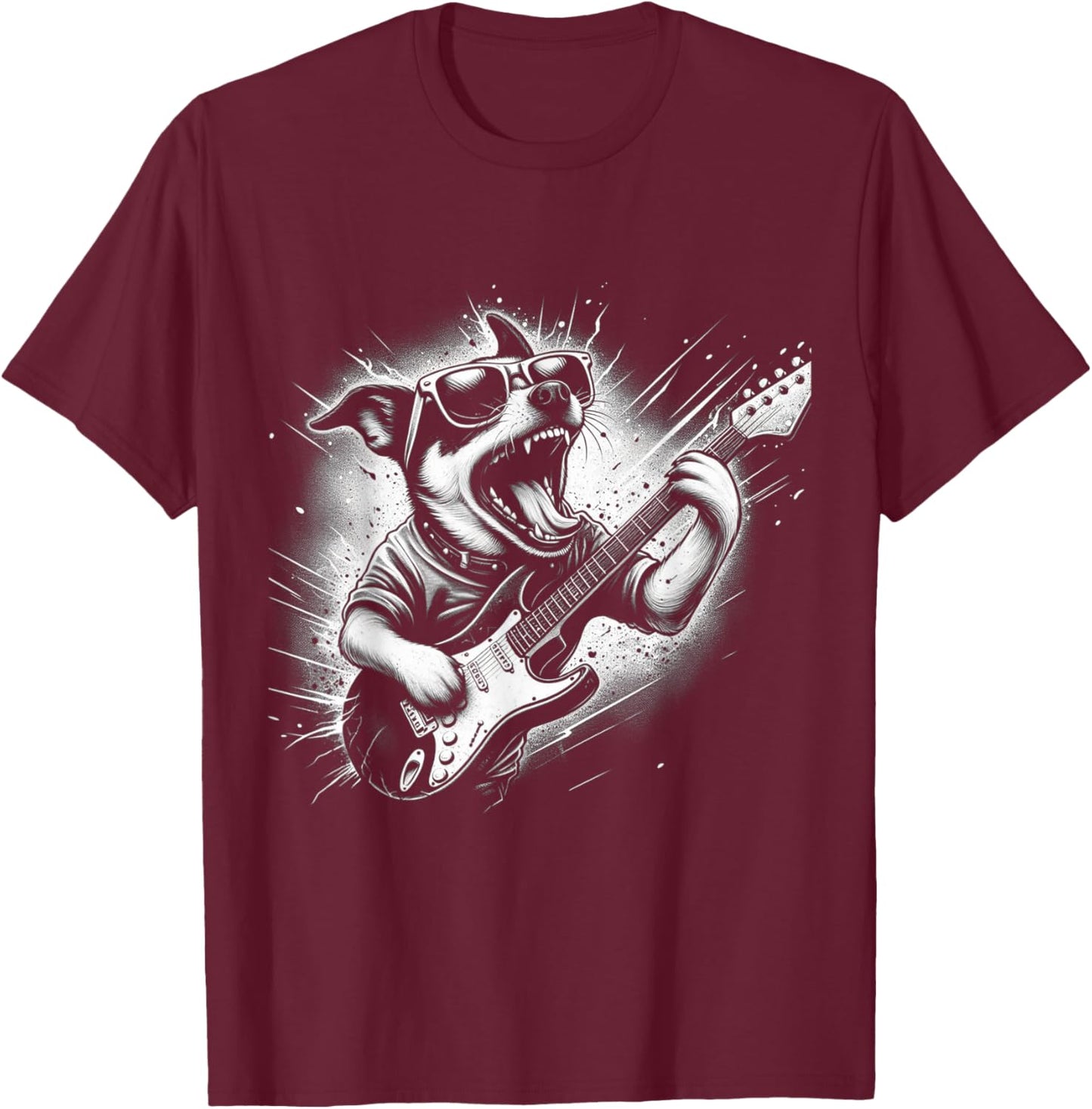 Rock n Roll Dog Cool Dog with Guitar Rock Star Dog Art T-Shirt - T-Shirt | Maroon