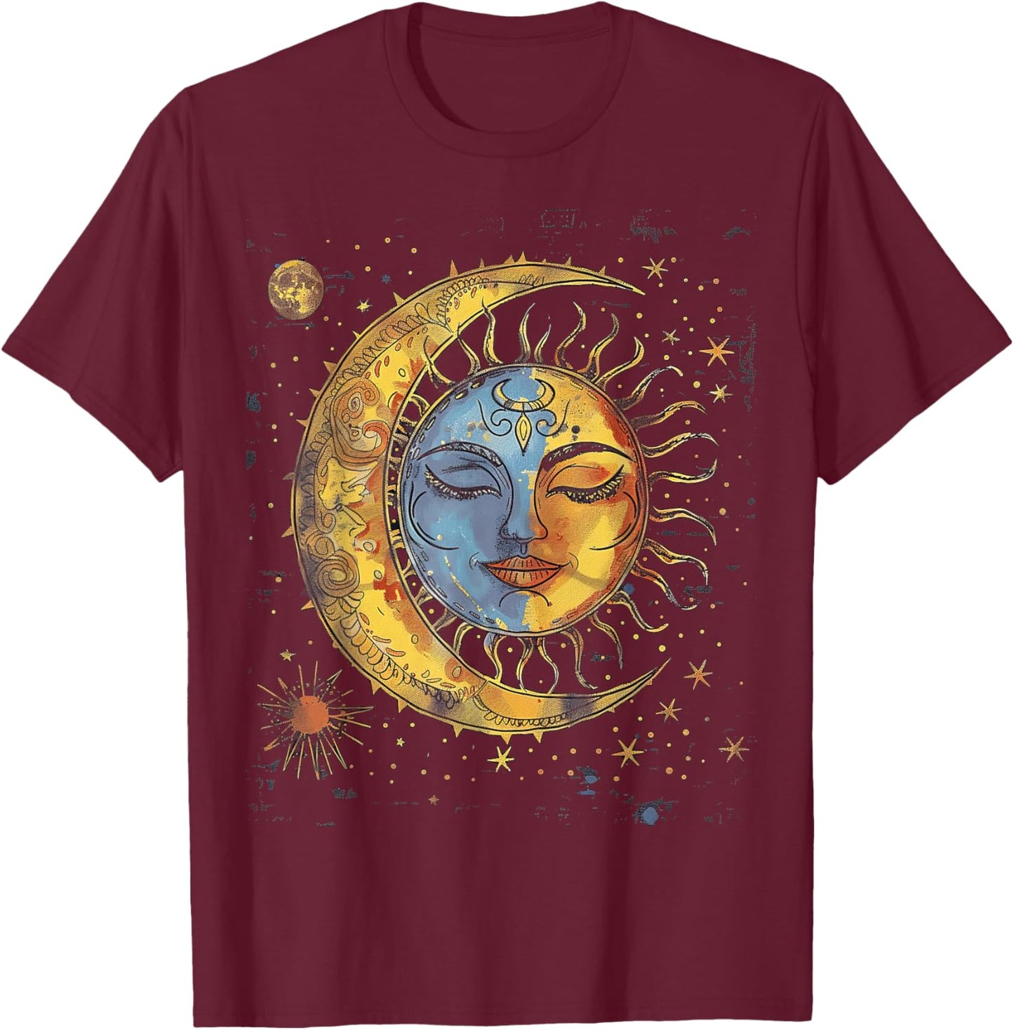 Mystical Sun and Moon with Woman Mystical Flowers Aesthetic T-Shirt - T-Shirt | Maroon