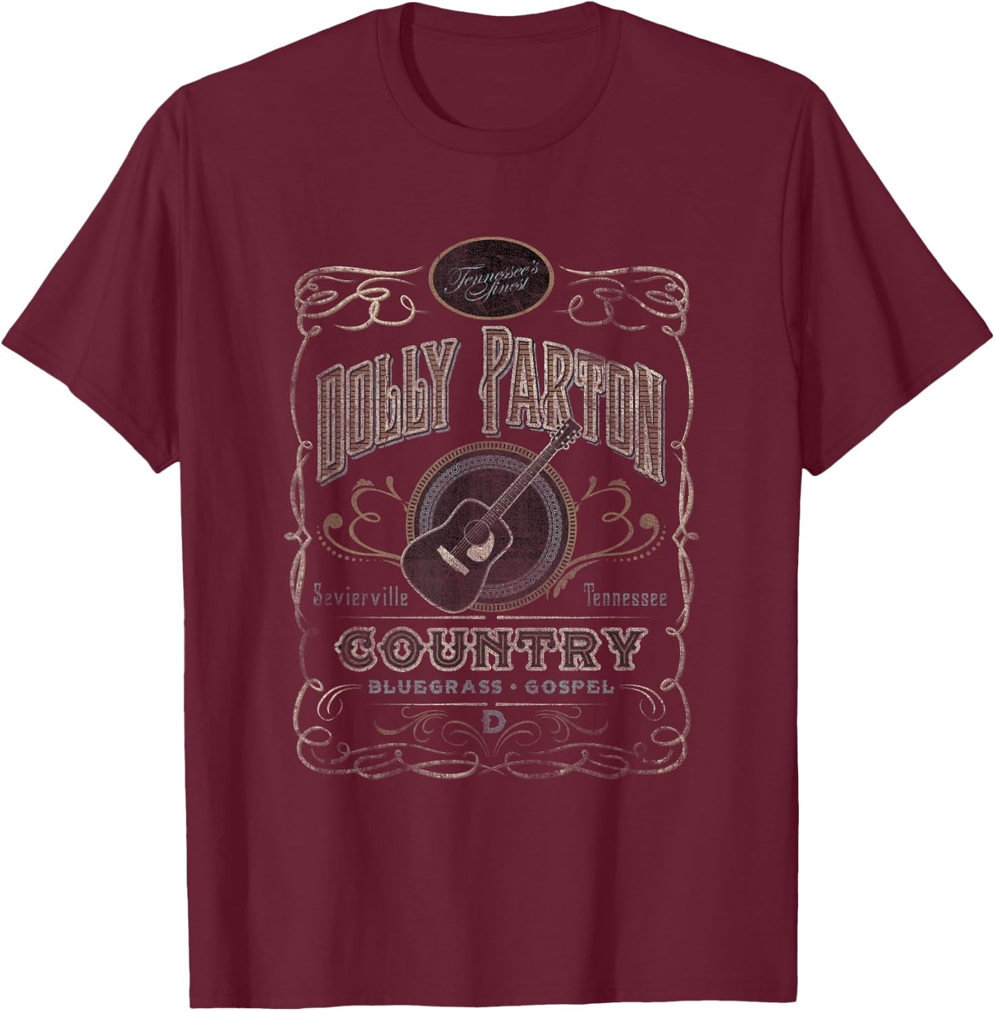 Dolly Parton Classic Fit Whiskey Label - Adult , Short Sleeve, Polyester & Cotton Blend, Black T-Shirt - T-Shirt | Maroon