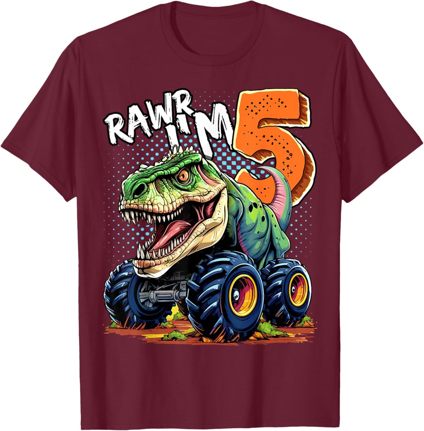 Monster Truck Dinosaur T-Rex 5th Birthday Boy 5 Year Old T-Shirt - T-Shirt | Maroon