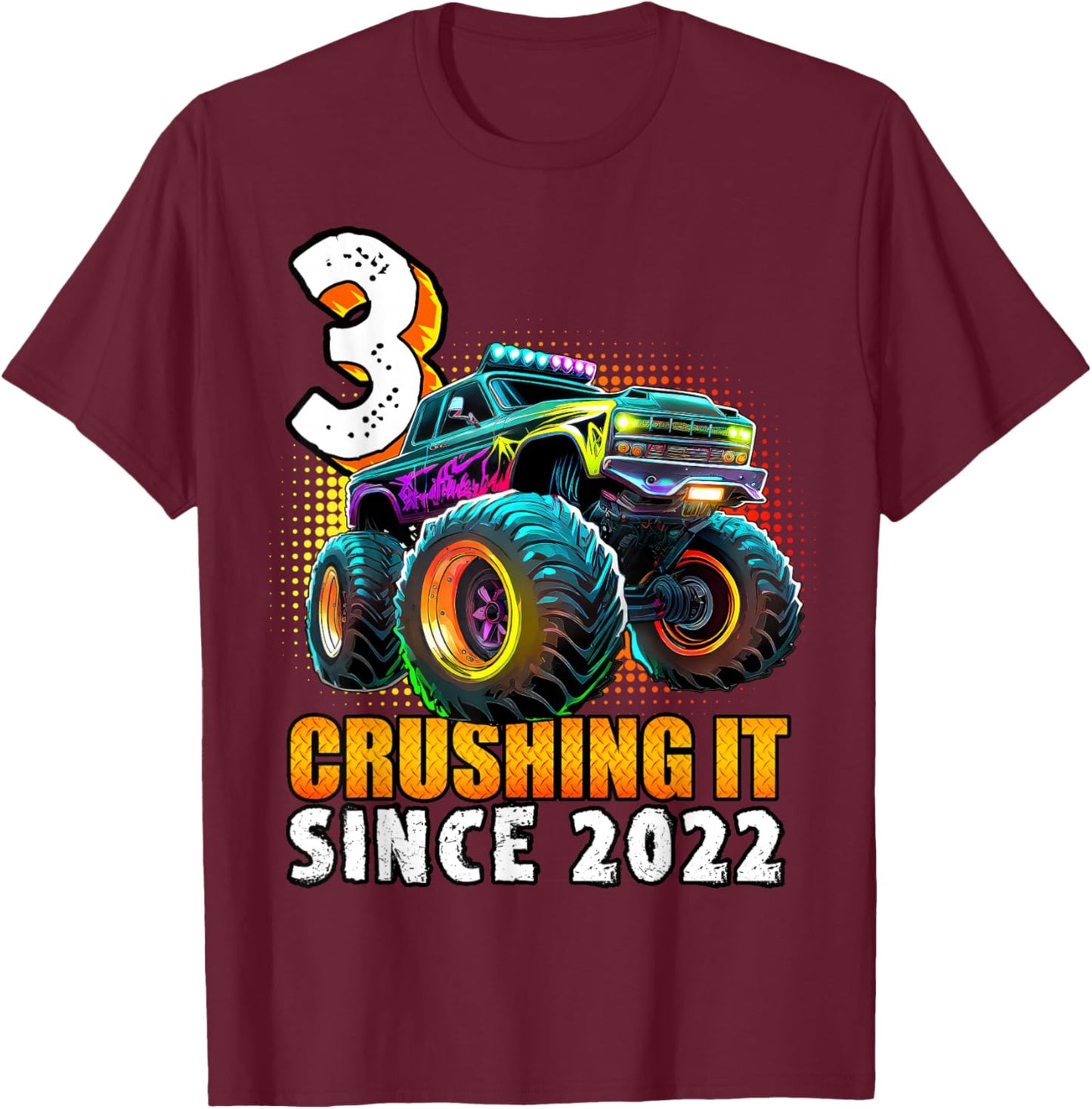 Birthday Monster Truck 3 year Old Boys 3rd Party Born 2022 T-Shirt - T-Shirt | Maroon