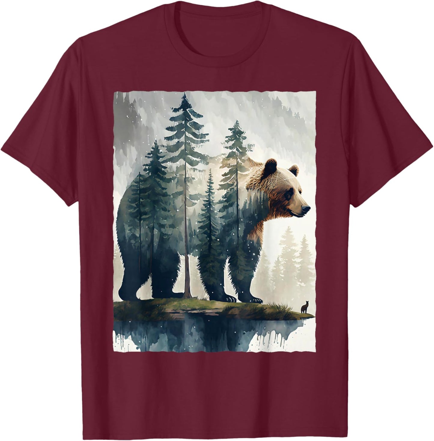 Grizzly Bear Forest Silhouette Nature Hiking Camping Art T-Shirt - T-Shirt | Maroon