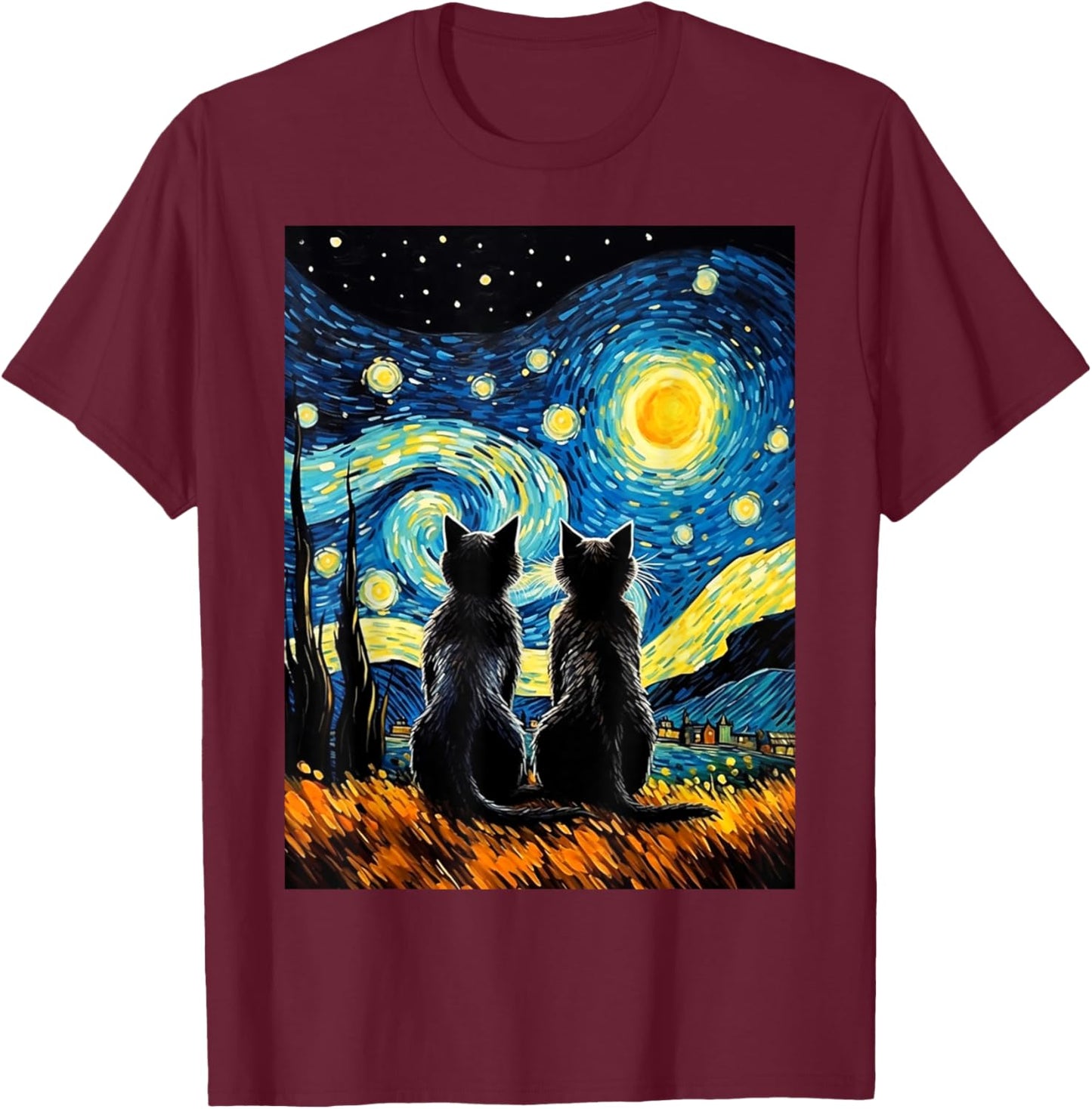Black Cats Lover Starry Night Vincent van Gogh T-Shirt - T-Shirt | Maroon