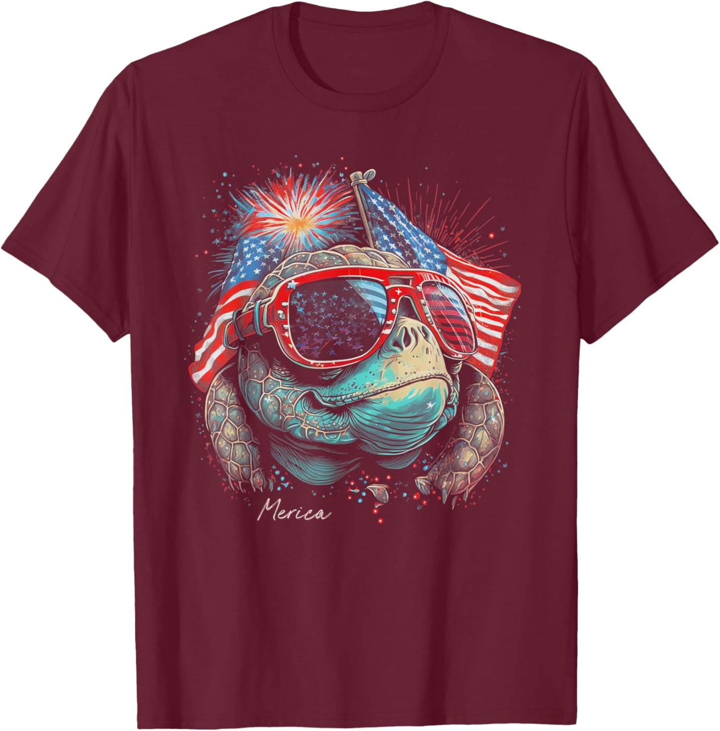 Sea Turtle 4th of July American Flag USA America Funny T-Shirt - T-Shirt | Maroon