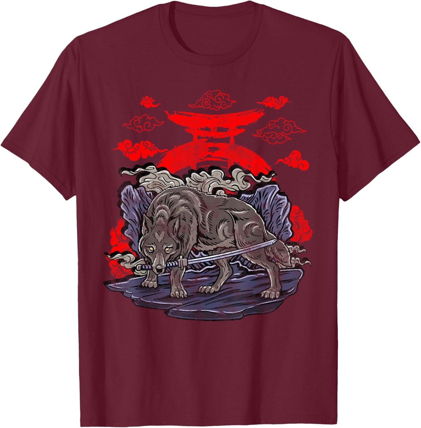 Wolf with Katana Japanese Wolf Art T-Shirt - T-Shirt | Maroon