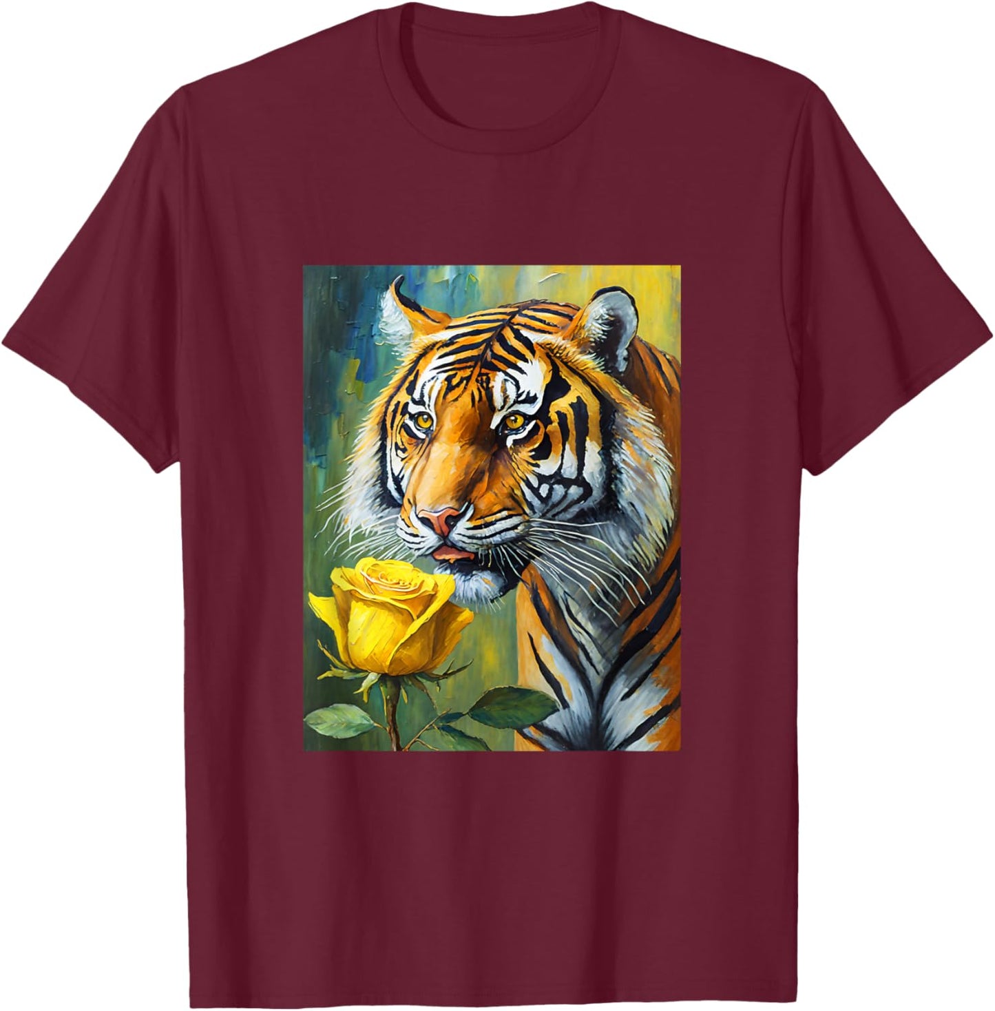 Tiger Sniffing a Yellow Rose Illustration Graphic Design T-Shirt - T-Shirt | Maroon