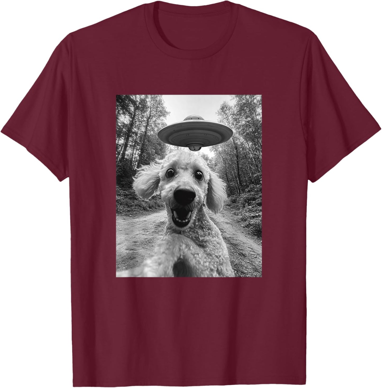 Poodle UFO Meme - Funny Poodle Selfie with UFO T-Shirt - T-Shirt | Maroon
