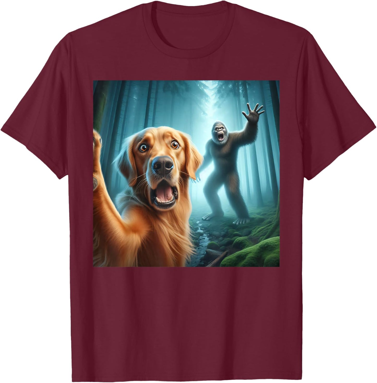Golden retriever Selfie with bigfoot sasquatch T-Shirt - T-Shirt | Maroon
