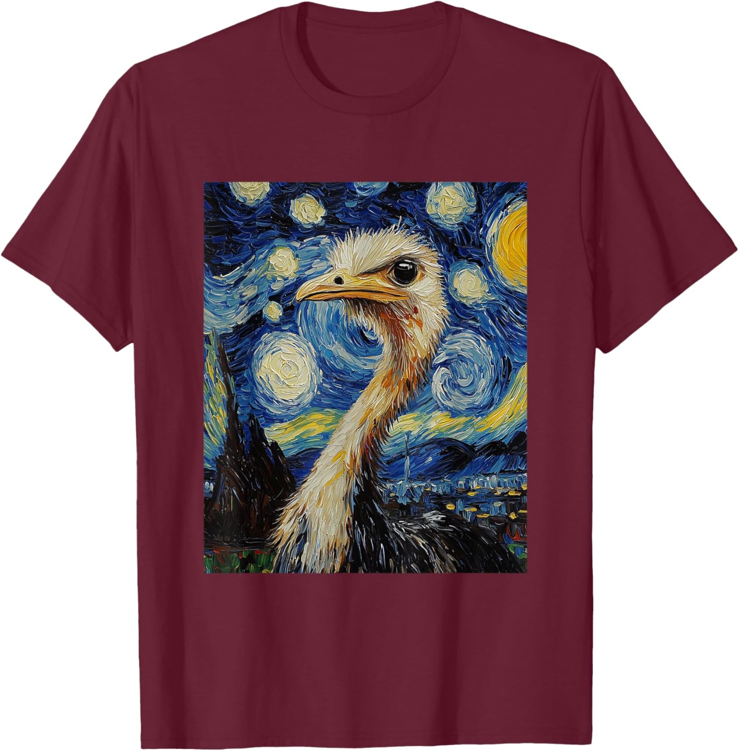 Funny Ostrich - Van Gogh Style - Starry Night Graphic T-Shirt - T-Shirt | Maroon