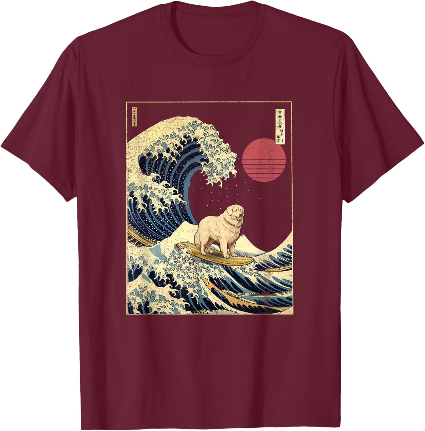 Great Pyrenees Japanese Kanagawa Wave Funny Surf Dog T-Shirt - T-Shirt | Maroon