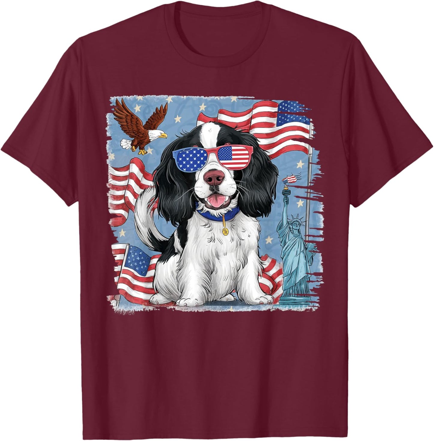 English Springer Spaniel Dog with American Flag 4th of July Women Kids Men T-Shirt - T-Shirt | Maroon