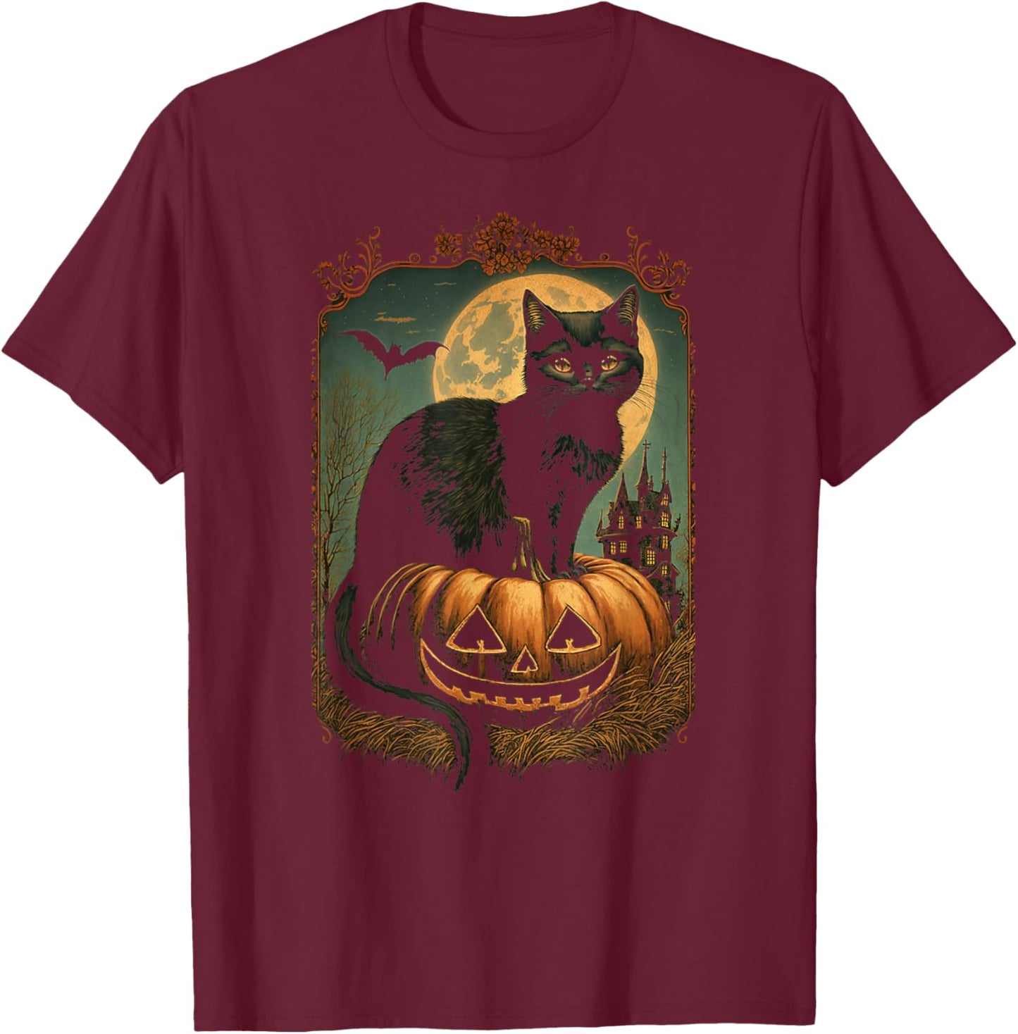 Black Cat Sitting On Jack-o-lantern On Halloween Night Women Kids T-Shirt - T-Shirt | Maroon