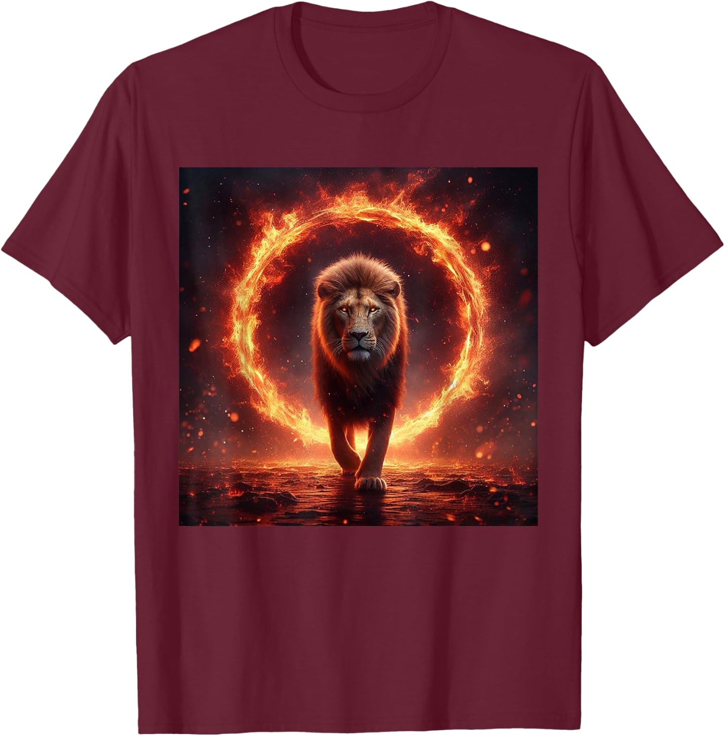 Safari Lion Walking Through Fire - Animal Big Cat Nature Men Women Girls Kids T-Shirt - T-Shirt | Maroon
