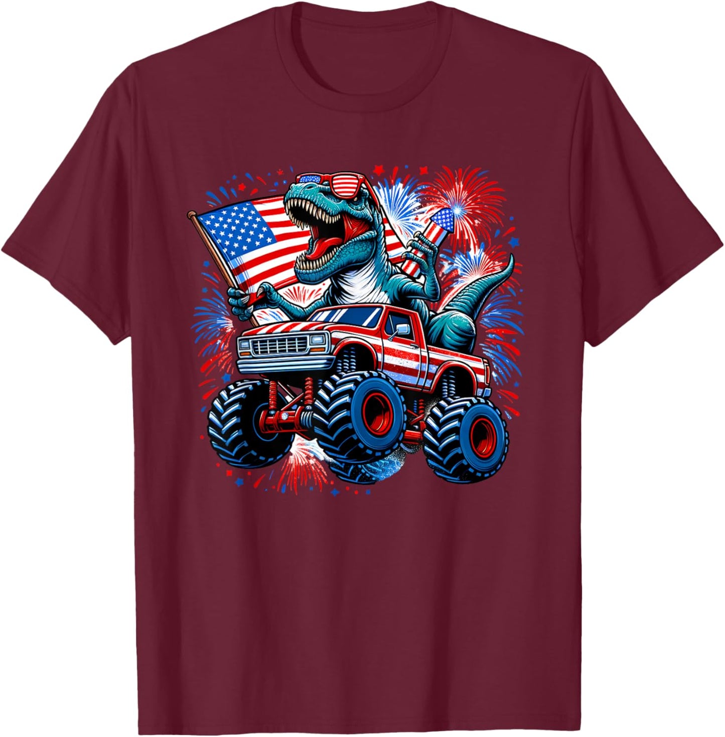 July 4th Patriotic T-Rex Dinosaur Monster Truck Fireworks T-Shirt - T-Shirt | Maroon