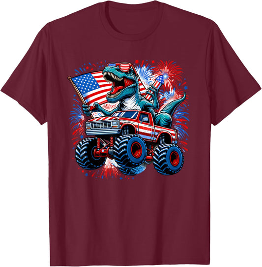 July 4th Patriotic T-Rex Dinosaur Monster Truck Fireworks T-Shirt - T-Shirt | Maroon