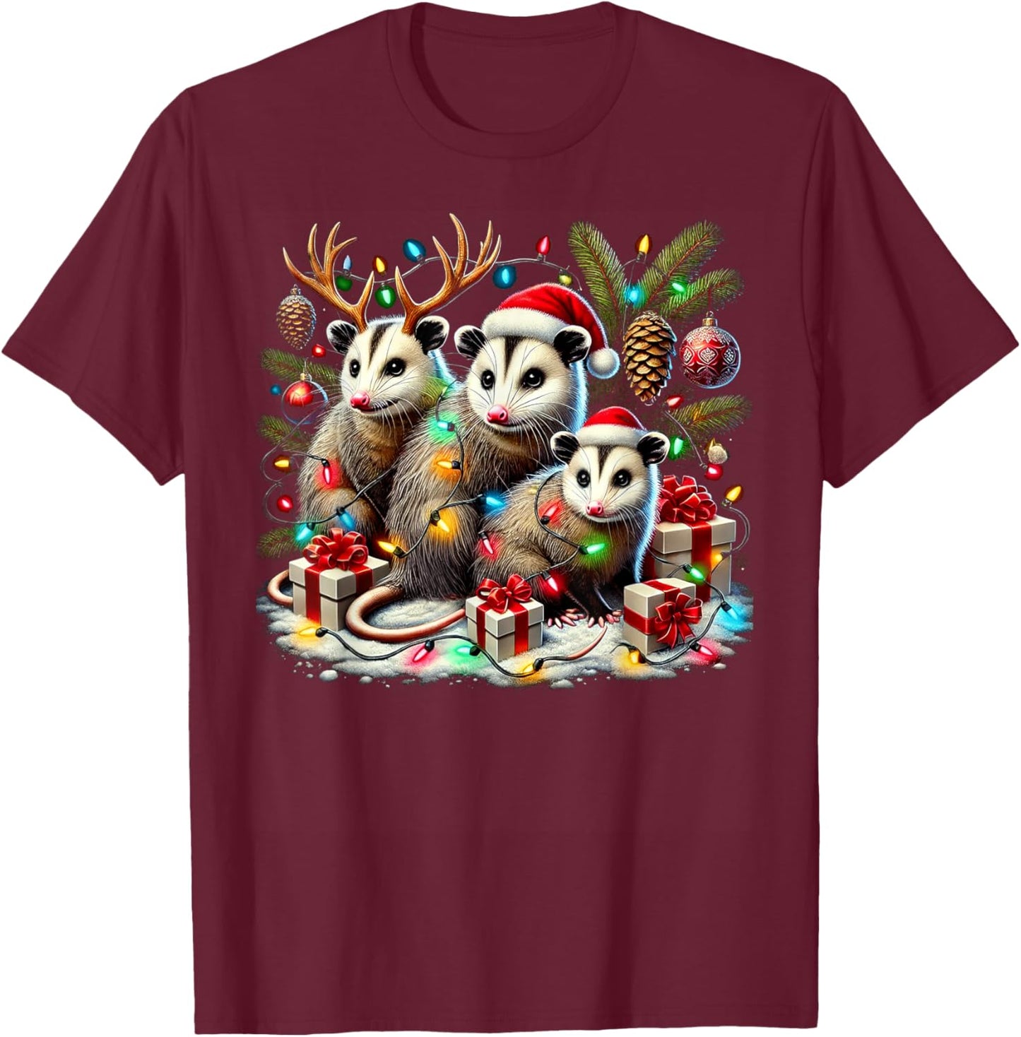 Hilarious Opossums in Christmas Lights Holiday Possum Spirit T-Shirt - T-Shirt | Maroon