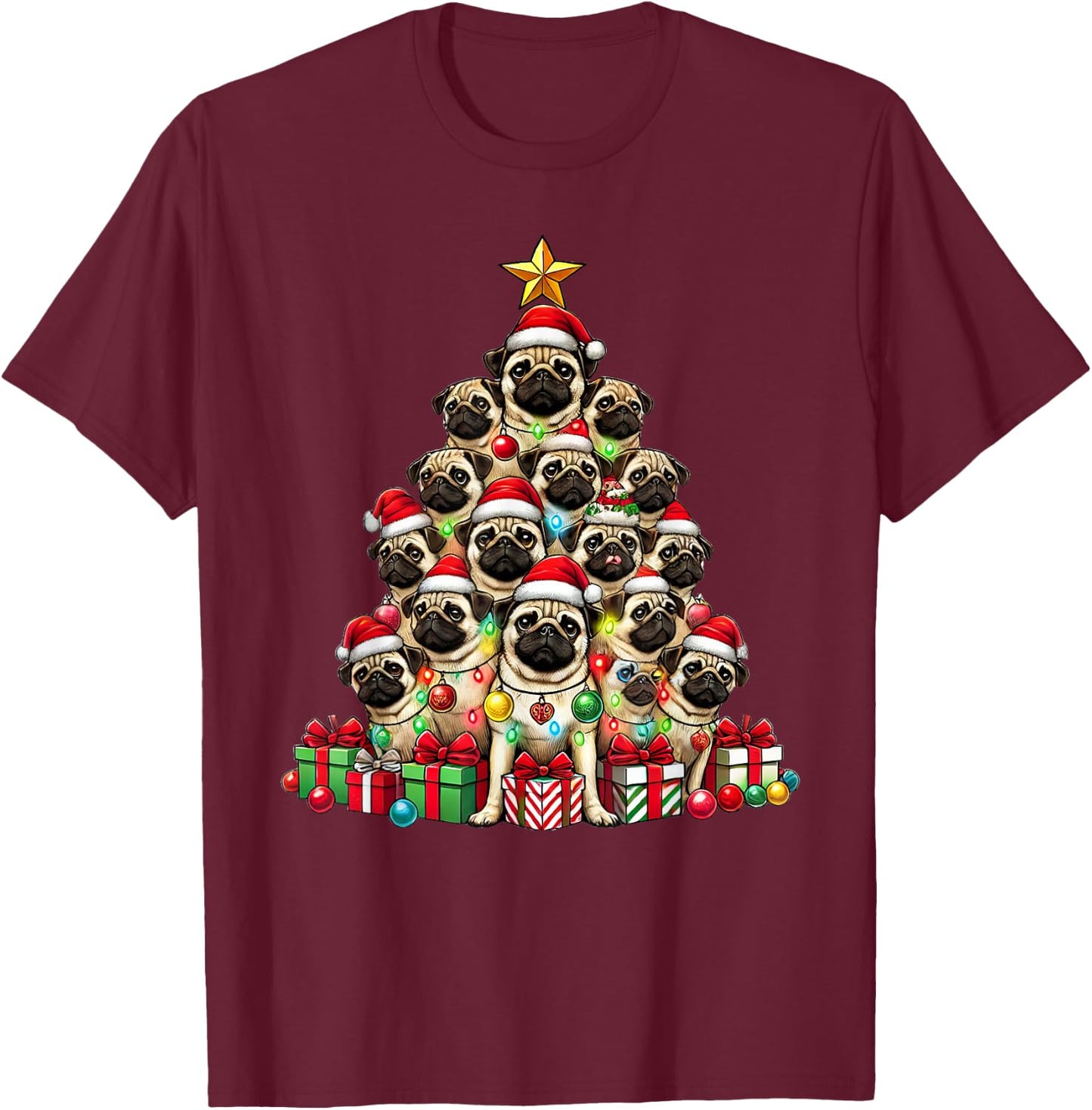 Dog Pug Christmas Tree Funny Pug Xmas T-Shirt - T-Shirt | Maroon