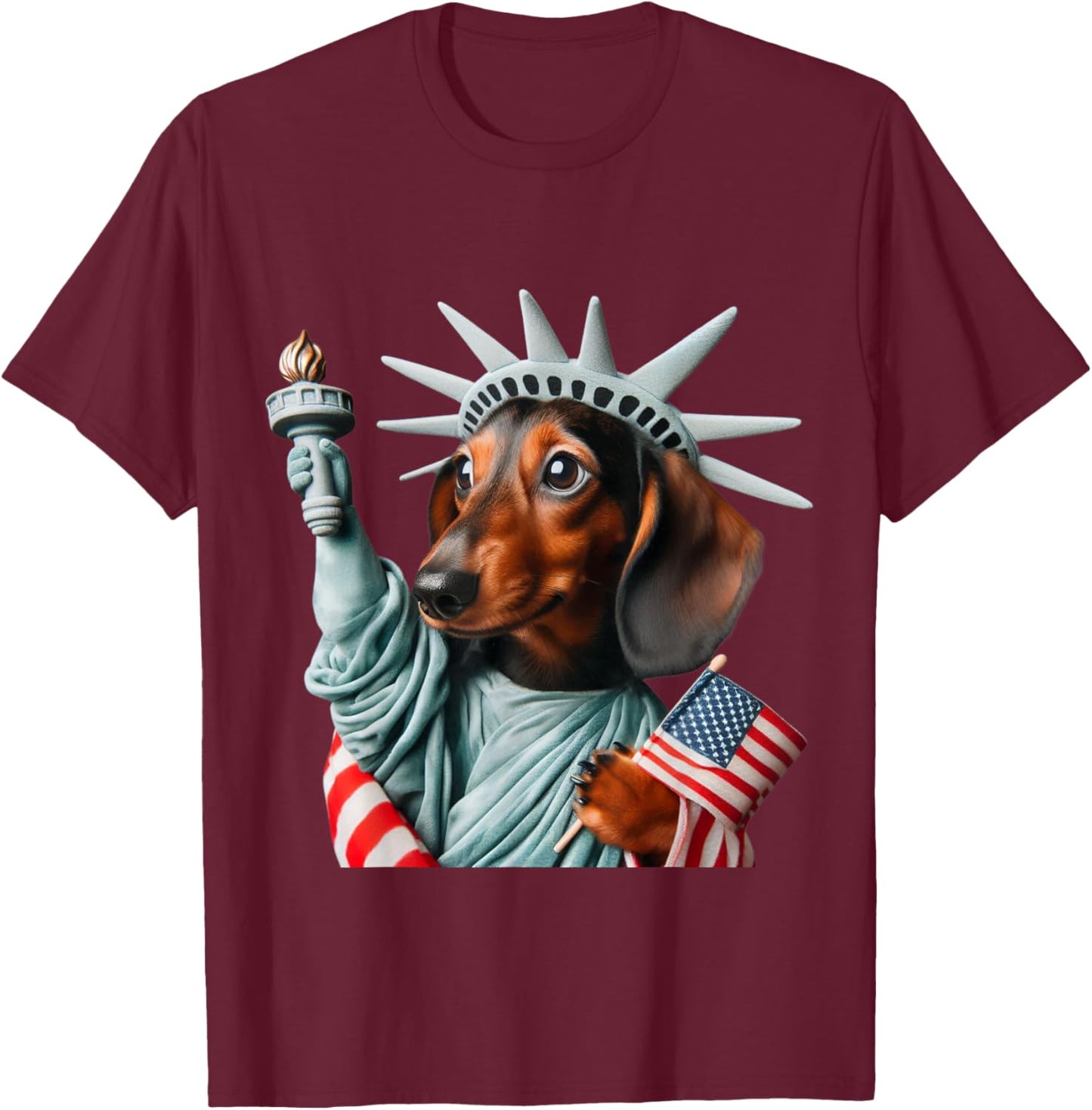 Dachshund Patriotic Statue Of Liberty 4th of July American T-Shirt - T-Shirt | Maroon