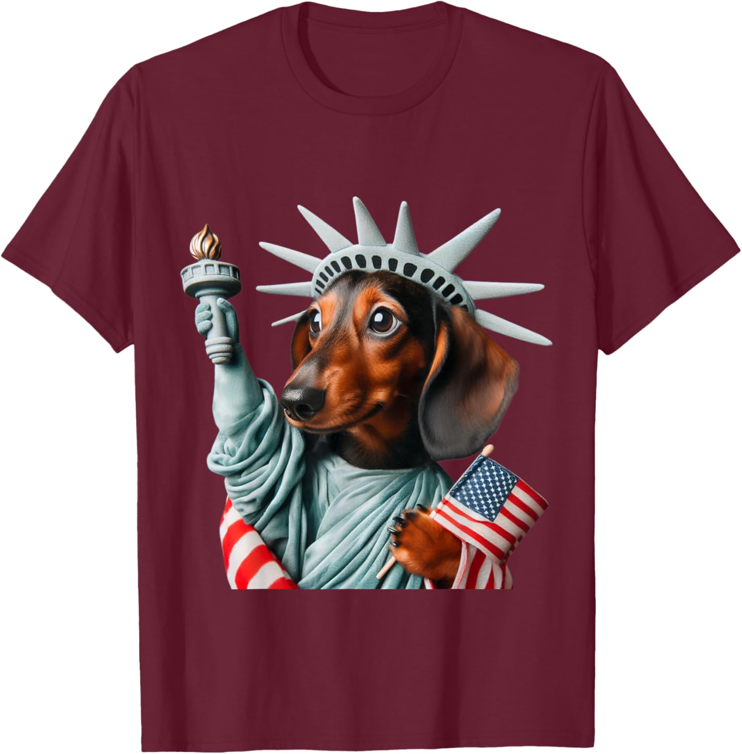 Dachshund Patriotic Statue Of Liberty 4th of July American T-Shirt - T-Shirt | Maroon