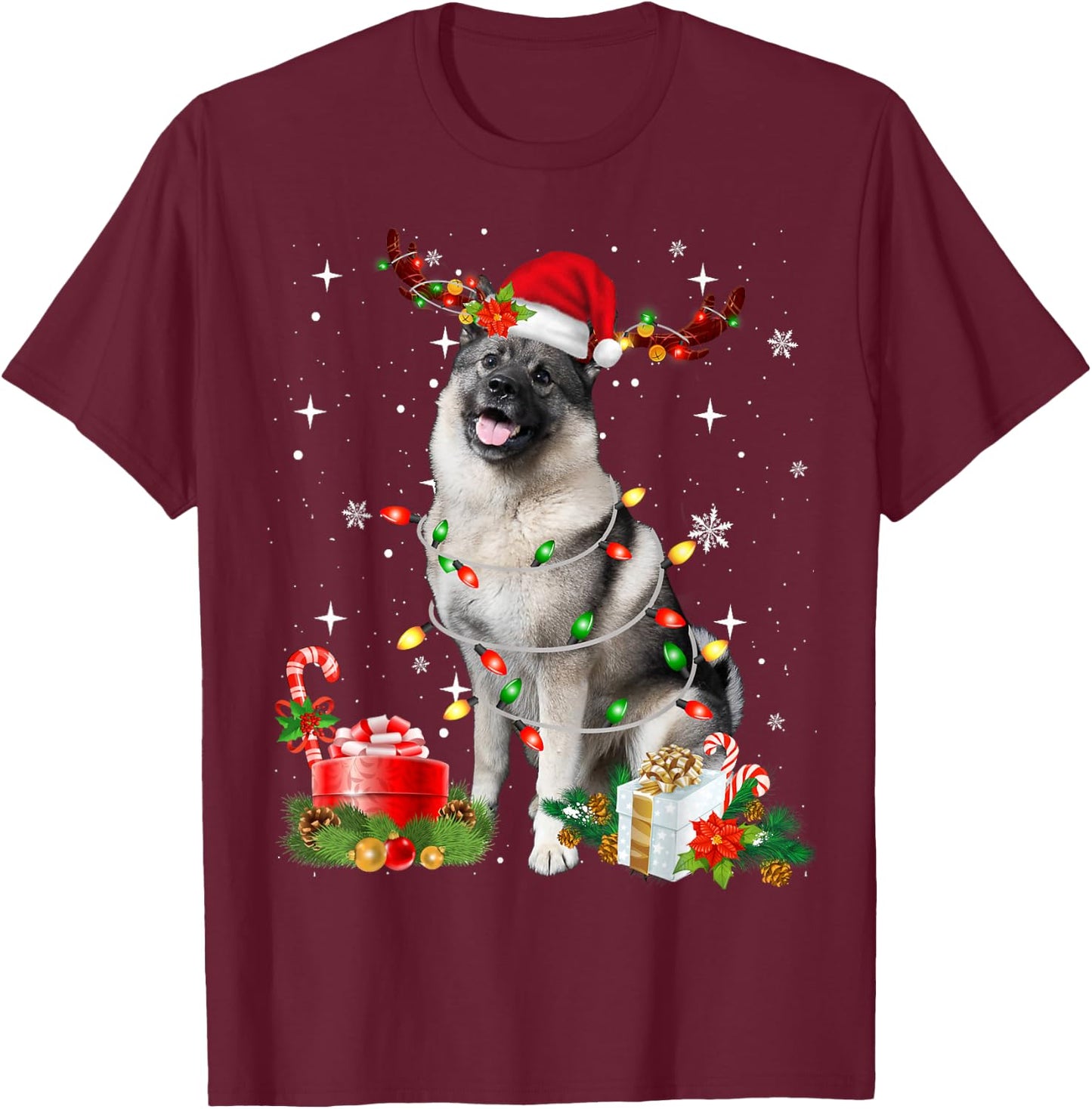 Funny Norwegian Elkhound Santa Hat Christmas Lights Pajama T-Shirt - T-Shirt | Maroon