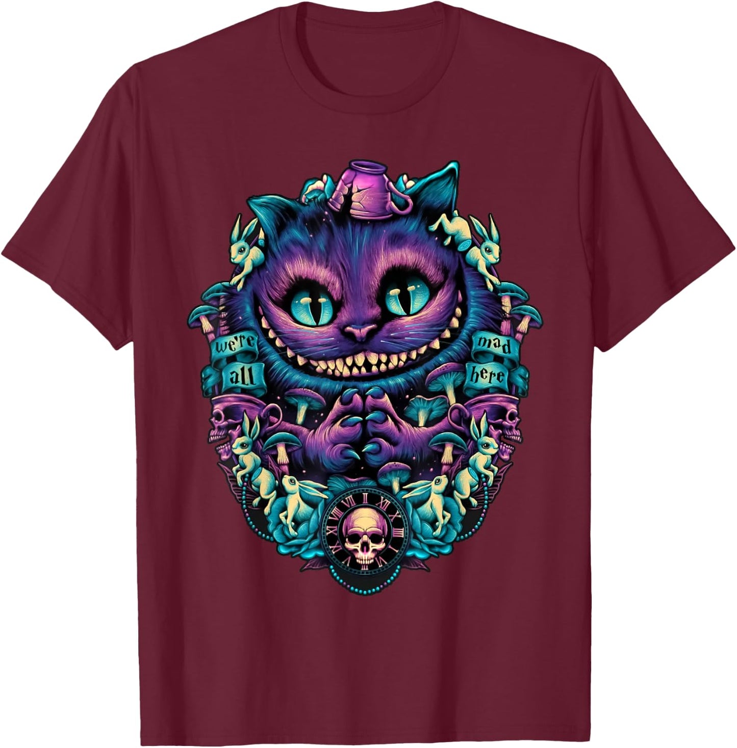 Cheshire Cat Shirt Alice in Wonderland Graphic T-Shirt - T-Shirt | Maroon