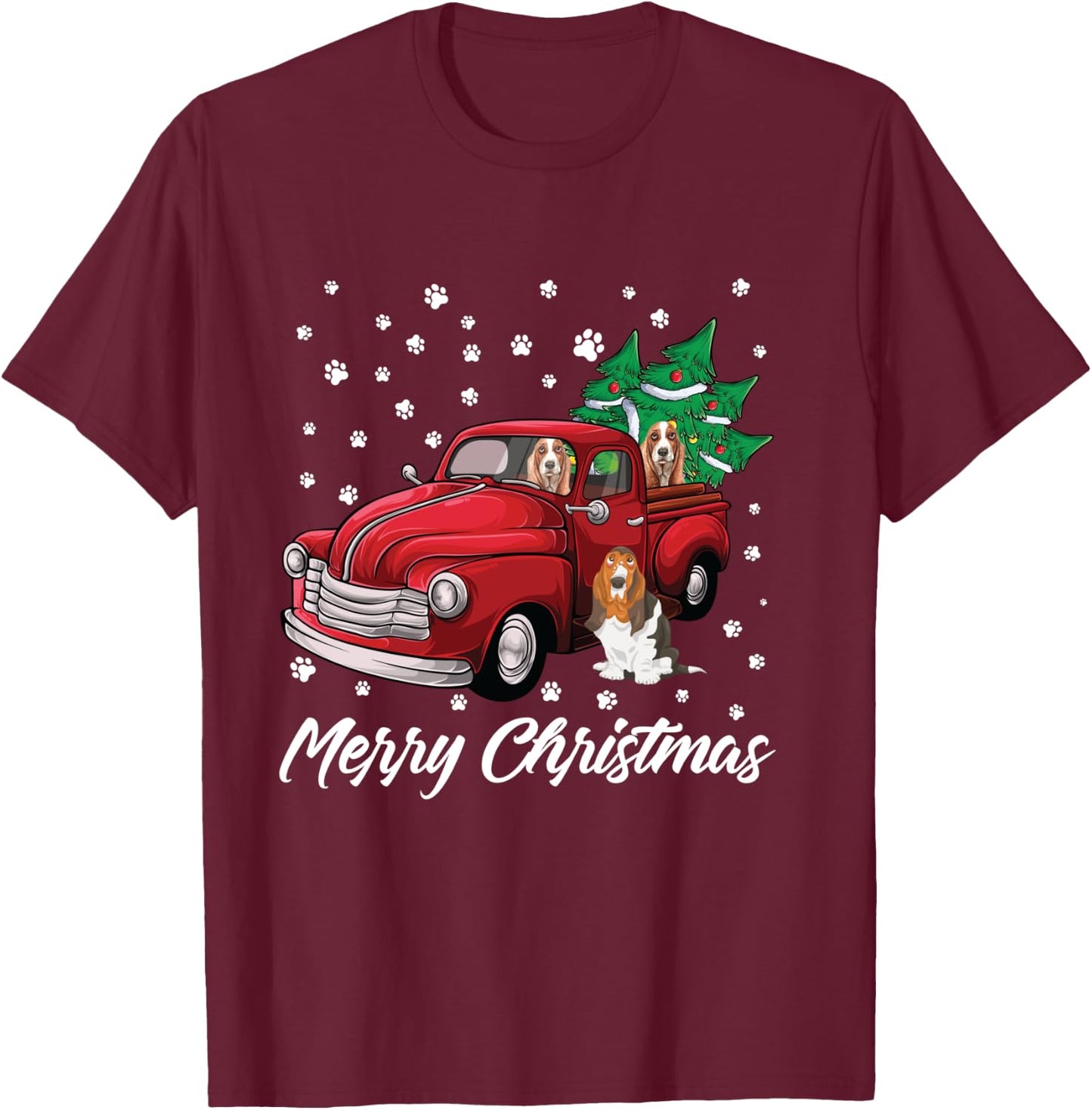 Red Truck Merry Christmas Tree Basset Hound Christmas T-Shirt - T-Shirt | Maroon