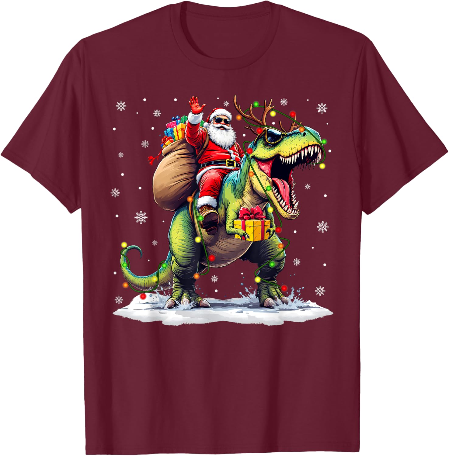 Santa Riding Dinosaur T rex Christmas Boys Men Xmas Squad T-Shirt - T-Shirt | Maroon