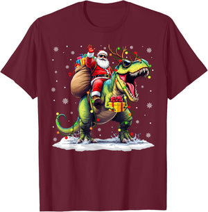 Santa Riding Dinosaur T rex Christmas Boys Men Xmas Squad T-Shirt - T-Shirt | Maroon