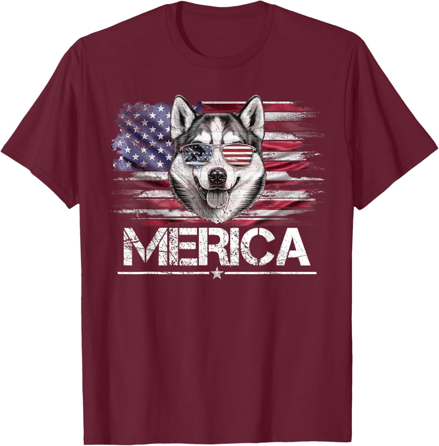 Vintage Husky Dog, Merica Husky Dog USA Flag Funny Kids Men T-Shirt - T-Shirt | Maroon