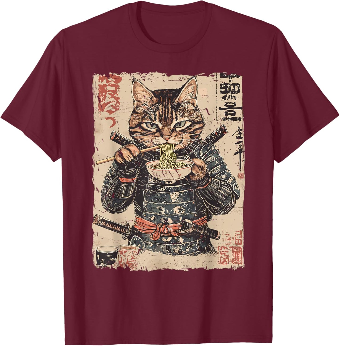 Samurai Cat Loves Ramen Funny Anime Japanese Artwork Samurai T-Shirt - T-Shirt | Maroon