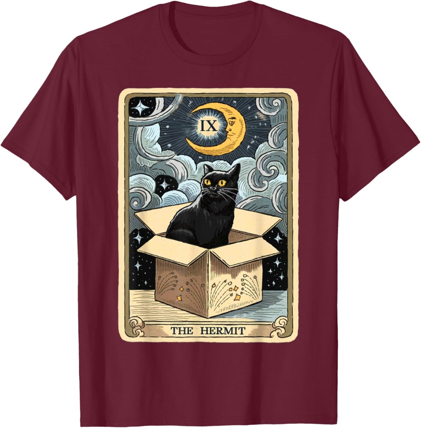 The Hermit Tarot Card Cat In Box Mystic Funny Cat Esoteric T-Shirt - T-Shirt | Maroon